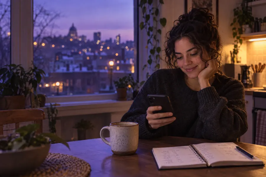 Une femme lit une leçon sur son téléphone, le soir, à sa table de cuisine.