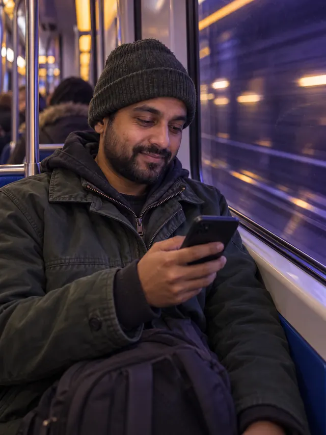 Un homme consulte son objectif d’épargne sur son téléphone dans le métro.