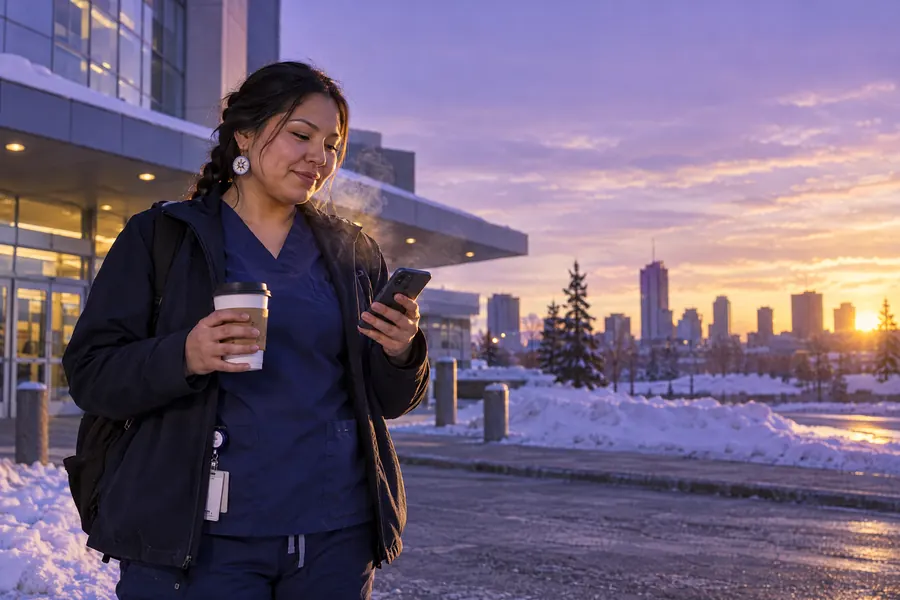 Une infirmière regarde son téléphone devant un hôpital au lever du soleil, après un quart de nuit.