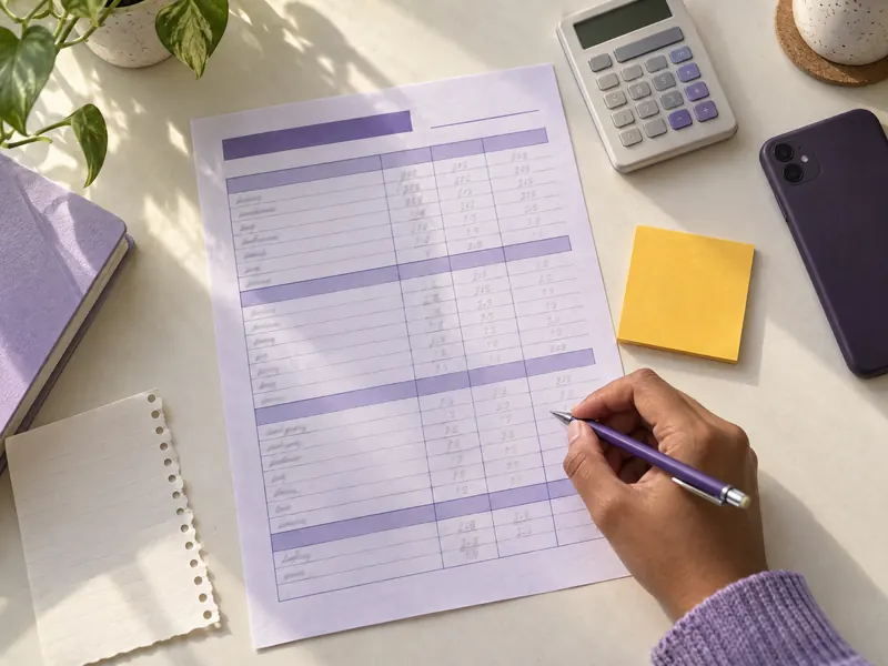 Une main remplit une fiche de budget mensuel imprimée, à côté d’une calculatrice.